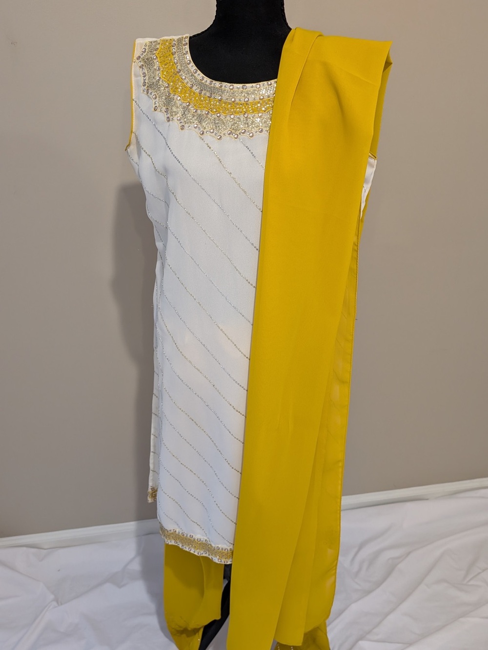 Elegant White & Yellow Embellished Women's Dress